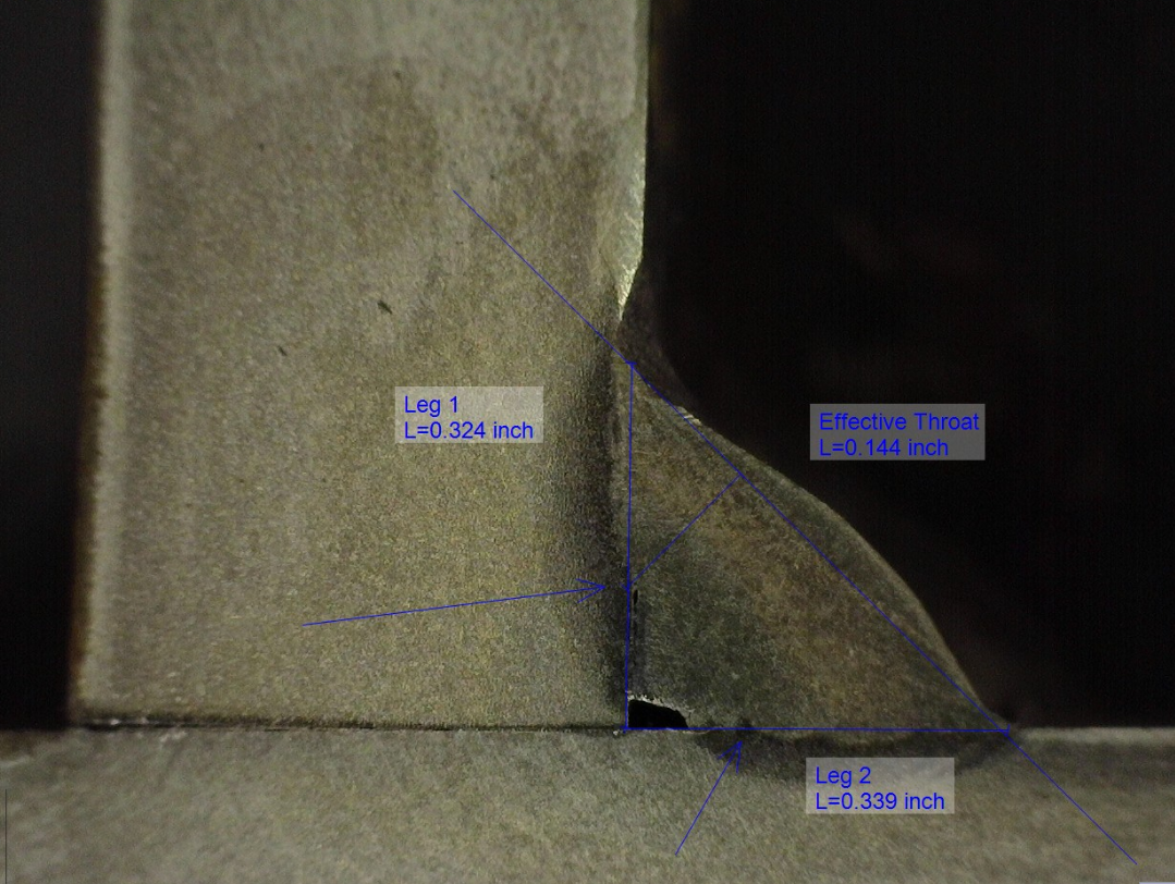 Lack of fusion cannot be detected visually. The image above shows a macroetch of a fillet weld showing that lack of root fusion.