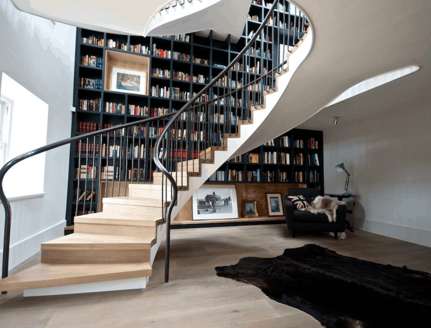 Swirling bookcase stairwell